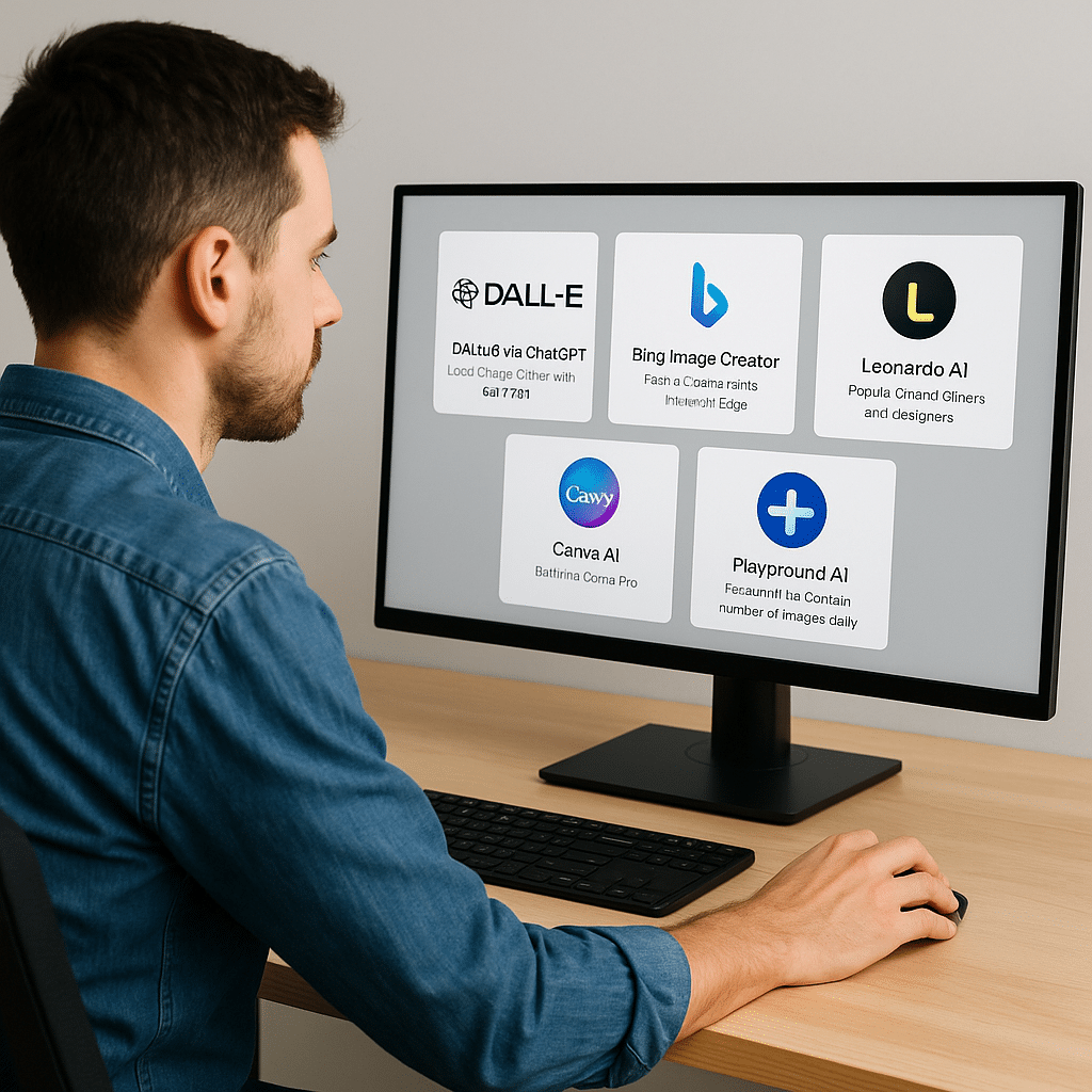 Mand sidder ved skrivebord og kigger på en computerskærm med fem AI billedgeneratorer: DALL·E, Bing Image Creator, Leonardo AI, Canva AI og Playground AI – som han overvejer at vælge imellem.