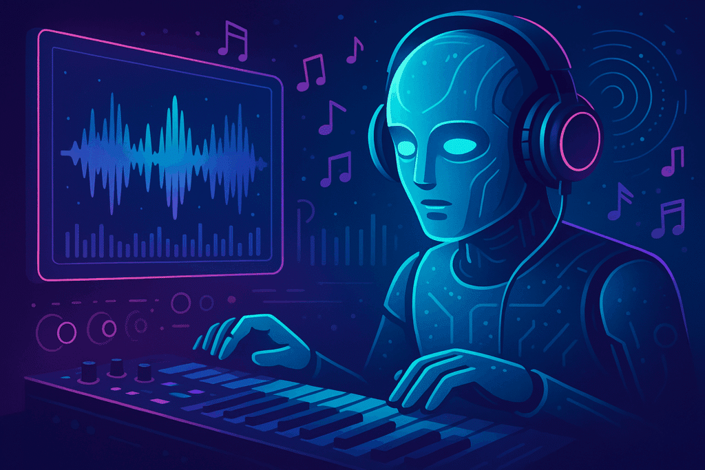 Kunstig intelligens komponerer musik – futuristisk AI-robot med hovedtelefoner skaber musik på synthesizer med neonfarver og lydbølger på skærm.