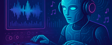 Kunstig intelligens komponerer musik – futuristisk AI-robot med hovedtelefoner skaber musik på synthesizer med neonfarver og lydbølger på skærm.