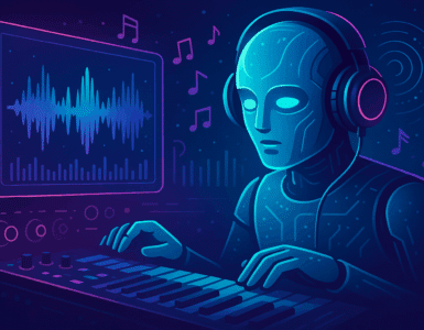 Kunstig intelligens komponerer musik – futuristisk AI-robot med hovedtelefoner skaber musik på synthesizer med neonfarver og lydbølger på skærm.