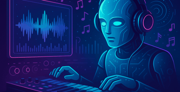 Kunstig intelligens komponerer musik – futuristisk AI-robot med hovedtelefoner skaber musik på synthesizer med neonfarver og lydbølger på skærm.