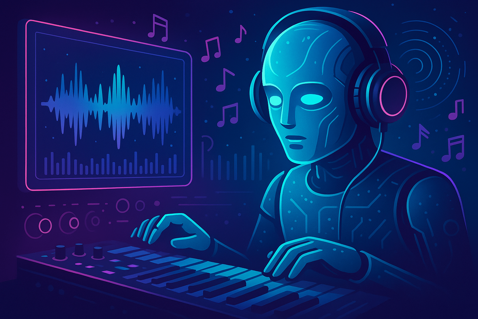 Artificiell intelligens komponerar musik – futuristisk AI-robot med hörlurar skapar musik på synthesizer med neonfärger och ljudvågor på skärmen.