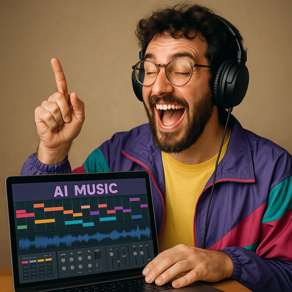 Mand i 80’er-jakke og høretelefoner jubler over AI-musik på laptop med farverigt musiksoftware – eksempel på bruger der laver musik med kunstig intelligens.