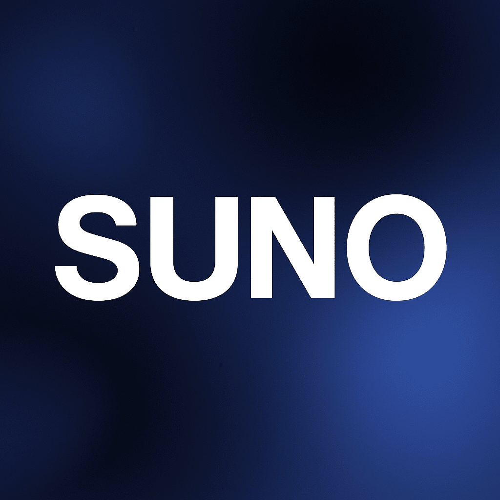 SUNO-logo med hvid tekst på mørk blå baggrund med bløde lysbølger – stilrent og digitalt udtryk.