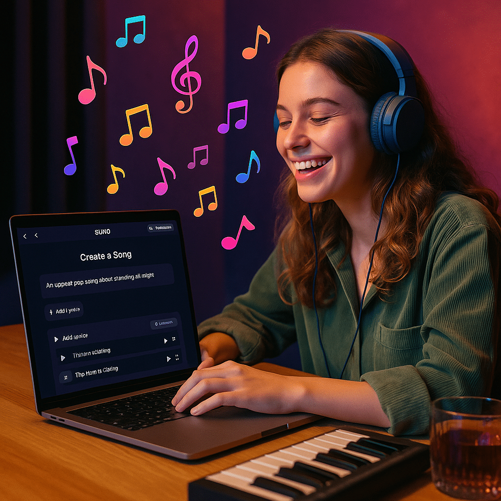 Ung kvinde med hovedtelefoner smiler, mens hun skaber musik i Suno AI på sin bærbare computer. Farverige musiknoder svæver omkring hende i et kreativt og festligt miljø.