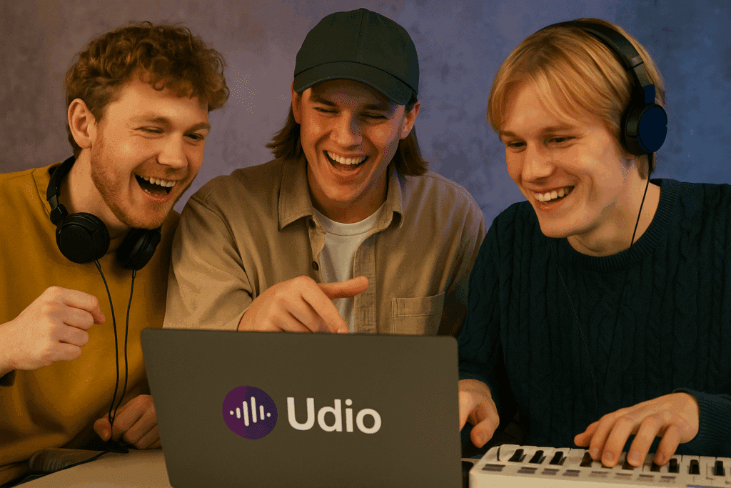 Tre unga skandinaviska män skrattar och gör musik tillsammans med Udio på en bärbar dator och ett MIDI-keyboard.