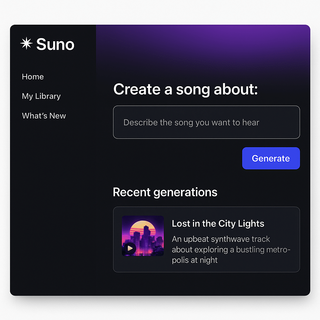 Brugergrænseflade for Suno musikgenerator med mørkt tema. Venstremenu med "Home", "My Library" og "What’s New". Midt på skærmen vises en inputboks med teksten "Describe the song you want to hear" og en blå "Generate"-knap. Under inputfeltet ses sektionen "Recent generations" med en synthwave-agtig albumcover og sangtitel "Lost in the City Lights".