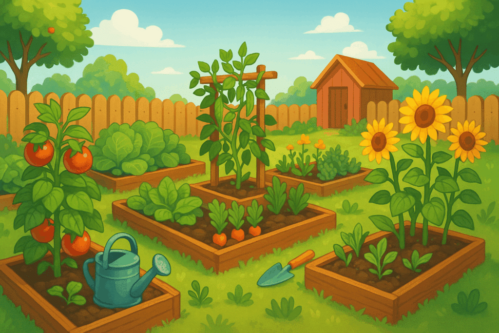 En farverig have med højbede fyldt med tomater, gulerødder, salat og solsikker under en blå himmel, omgivet af et træhegn og med et lille rødt skur i baggrunden.
