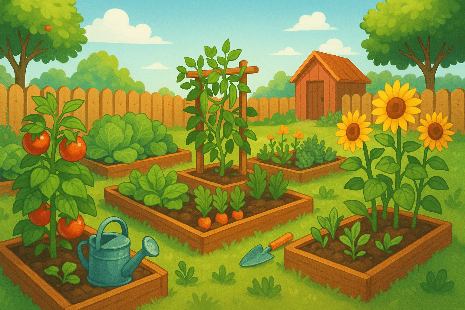 En färgglad trädgård med högbed fyllda med tomater, morötter, sallad och solrosor under en blå himmel, omgiven av ett trästaket och med ett litet rött skjul i bakgrunden.