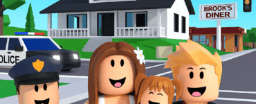 Roblox-inspireret 3D-illustration af Brookhaven RP med fire glade karakterer foran et hvidt hus, en politibil, en helikopter og Brook's Diner i baggrunden.