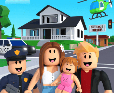 Roblox-inspireret 3D-illustration af Brookhaven RP med fire glade karakterer foran et hvidt hus, en politibil, en helikopter og Brook's Diner i baggrunden.