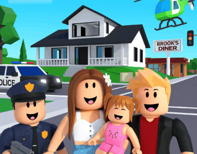 Roblox-inspireret 3D-illustration af Brookhaven RP med fire glade karakterer foran et hvidt hus, en politibil, en helikopter og Brook's Diner i baggrunden.