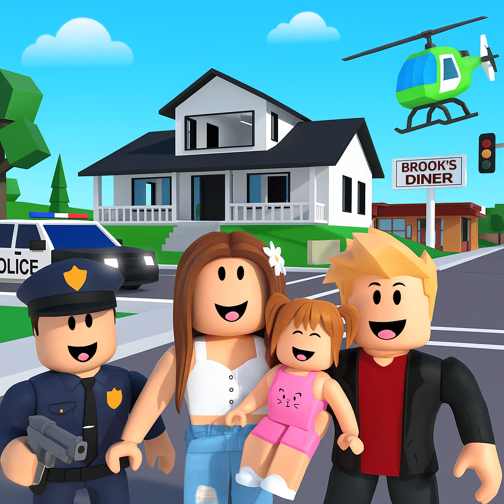 Roblox-inspireret 3D-illustration af Brookhaven RP med fire glade karakterer foran et hvidt hus, en politibil, en helikopter og Brook's Diner i baggrunden.