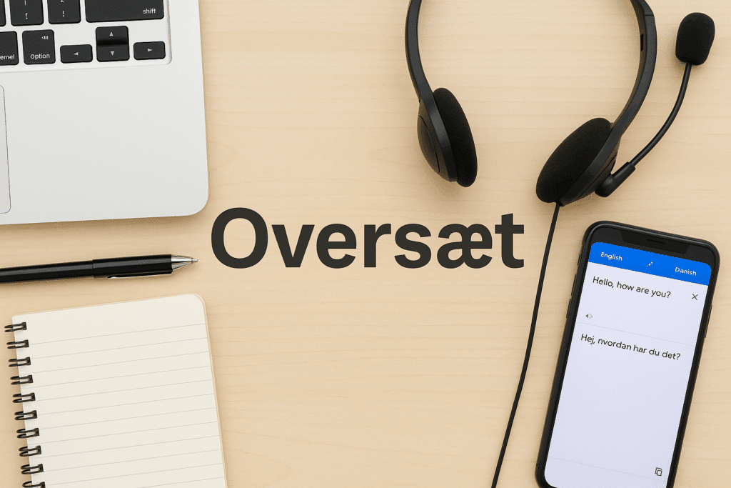 Et skrivebord med oversættelsesværktøjer – en bærbar computer, notesbog, kuglepen, headset og en smartphone med oversættelsesapp – med ordet "Oversæt" skrevet i midten på træoverfladen.