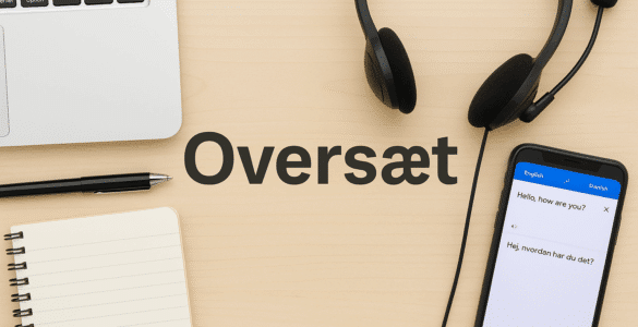 Et skrivebord med oversættelsesværktøjer – en bærbar computer, notesbog, kuglepen, headset og en smartphone med oversættelsesapp – med ordet "Oversæt" skrevet i midten på træoverfladen.