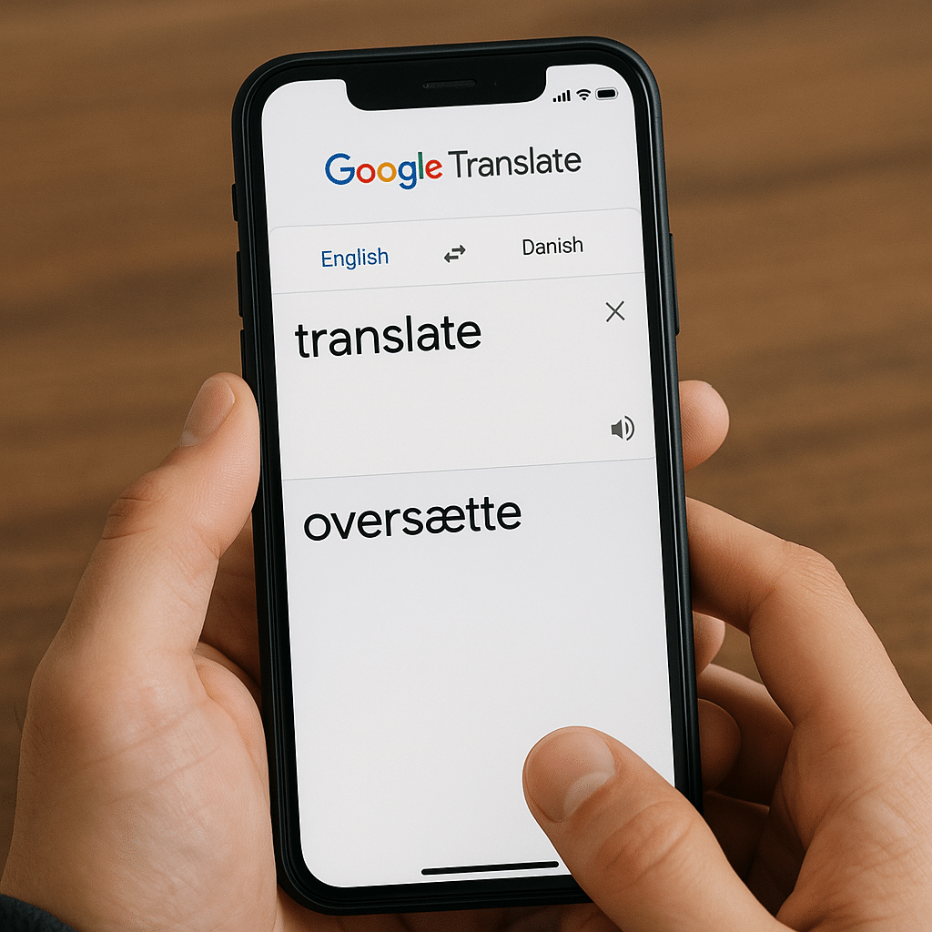En person håller en smartphone i handen och använder Google Translate-appen för att översätta ordet 'translate' från engelska till svenska, där det visas som 'översätta' på skärmen.