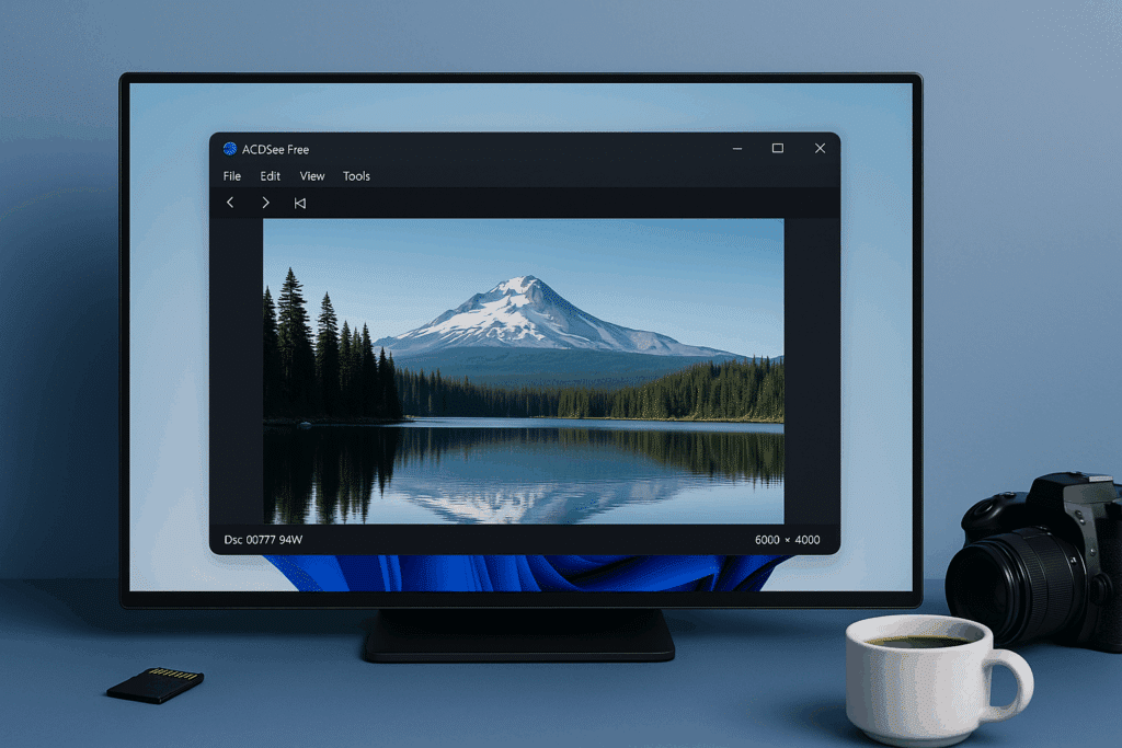 ACDSee Free billedfremviser viser et naturfoto af bjerg og sø på computerskærm, omgivet af DSLR-kamera, SD-kort og kaffekop på et minimalistisk skrivebord.
