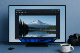 ACDSee Free billedfremviser viser et naturfoto af bjerg og sø på computerskærm, omgivet af DSLR-kamera, SD-kort og kaffekop på et minimalistisk skrivebord.