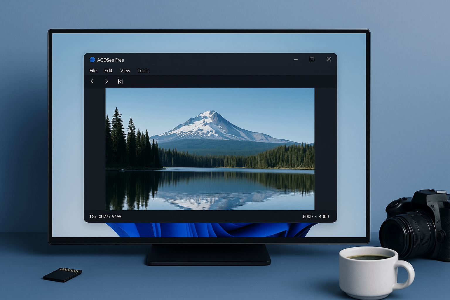 ACDSee Free bildvisare visar ett naturfoto av berg och sjö på en datorskärm, omgiven av en DSLR-kamera, SD-kort och kaffekopp på ett minimalistiskt skrivbord.