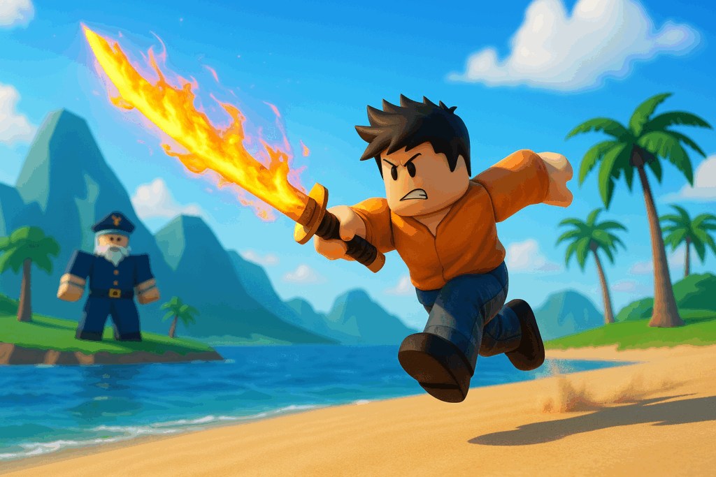 Blox Fruits-inspireret Roblox-karakter springer over en strand med flammende sværd, klar til kamp mod en fjende på en tropisk ø med palmer og bjerge i baggrunden.