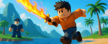 Blox Fruits-inspireret Roblox-karakter springer over en strand med flammende sværd, klar til kamp mod en fjende på en tropisk ø med palmer og bjerge i baggrunden.