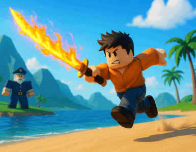 Blox Fruits-inspireret Roblox-karakter springer over en strand med flammende sværd, klar til kamp mod en fjende på en tropisk ø med palmer og bjerge i baggrunden.