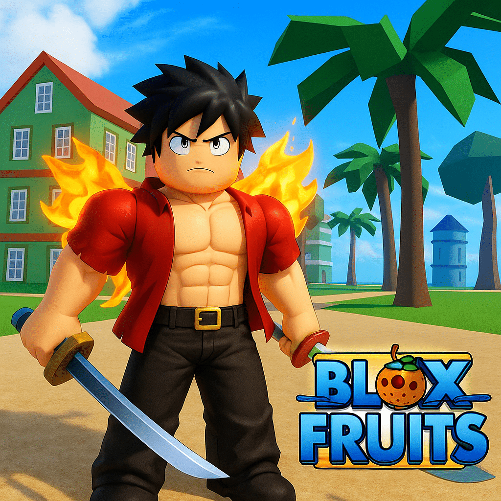 Roblox-figur fra Blox Fruits med flammende vinger og sværd i hånden, stående i en farverig tropisk by med palmer, huse og blå himmel i baggrunden.
