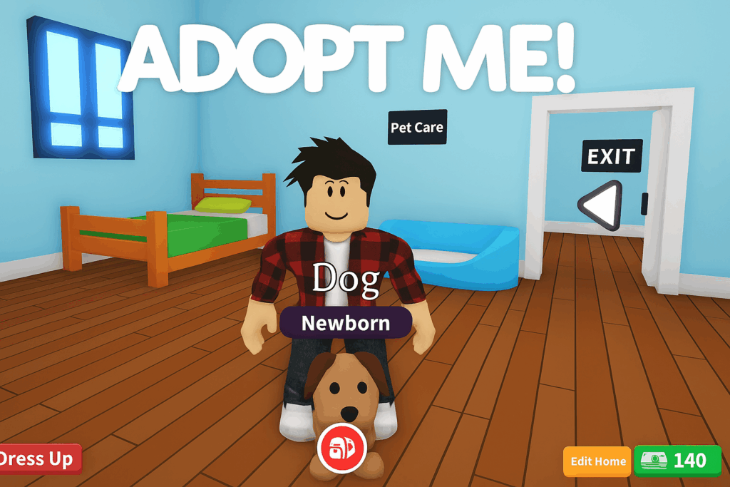 Adopt Me! mockup screenshot med en avatar og hans nyfødte hund.