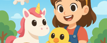 Farverig tegning af en smilende pige omgivet af fem nuttede kæledyr – en dalmatinerhvalp, en enhjørning, en gul fugl, en brun hund og en abe – i en grøn park under blå himmel, med teksten Adopt Me øverst