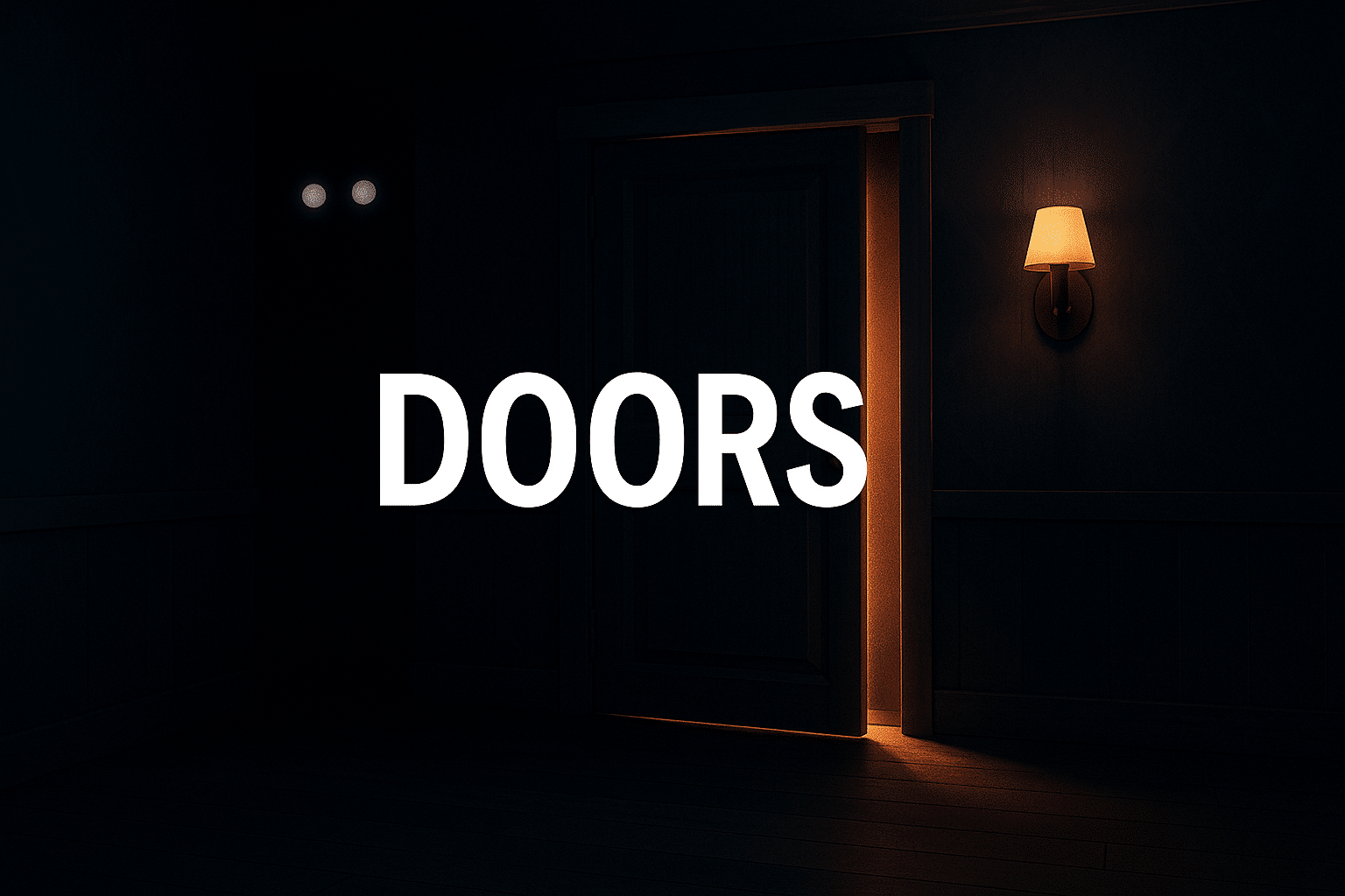 Digital 2D-illustration av en mörk och skrämmande korridor med flimrande ljus och stängda dörrar som skapar en intensiv och mystisk atmosfär