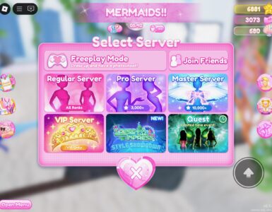 Starten på Dress to Impress, hvor man kan vælge server.