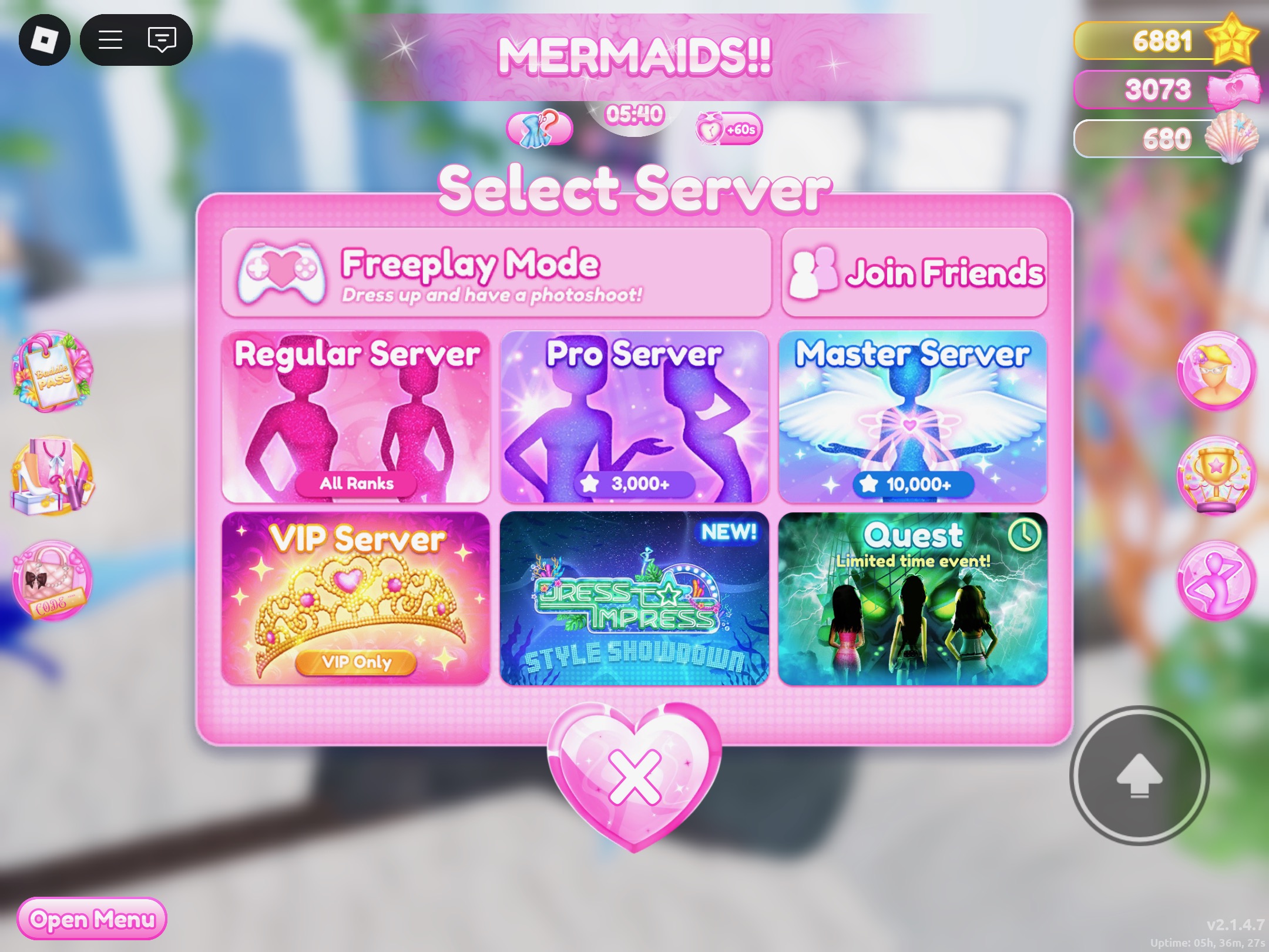 Starten på Dress to Impress, hvor man kan vælge server.