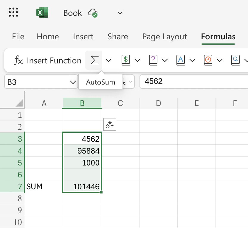 Her benyttes funktionen autosum i Excel Online, som er gratis at benytte sig af.