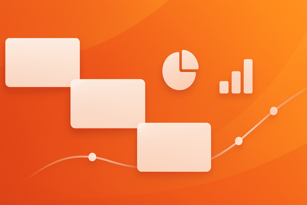 Microsoft PowerPoint topbillede i orange med tre slides, cirkeldiagram, søjlediagram og stigende tidslinje.