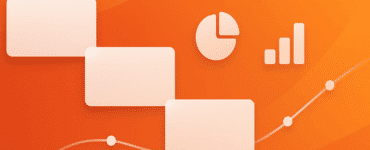 Microsoft PowerPoint topbillede i orange med tre slides, cirkeldiagram, søjlediagram og stigende tidslinje.