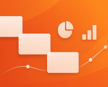 Microsoft PowerPoint topbillede i orange med tre slides, cirkeldiagram, søjlediagram og stigende tidslinje.