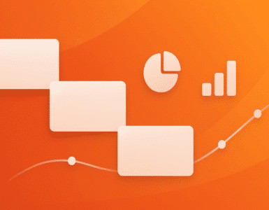 Microsoft PowerPoint topbillede i orange med tre slides, cirkeldiagram, søjlediagram og stigende tidslinje.