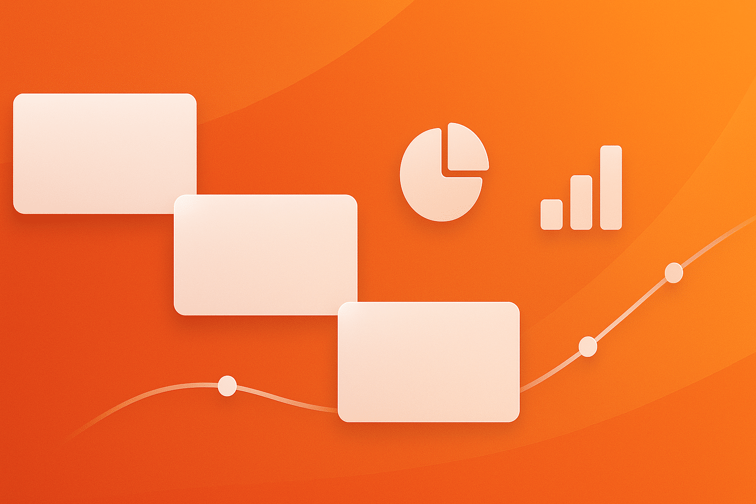 Microsoft PowerPoint topbillede i orange med tre slides, cirkeldiagram, søjlediagram og stigende tidslinje.