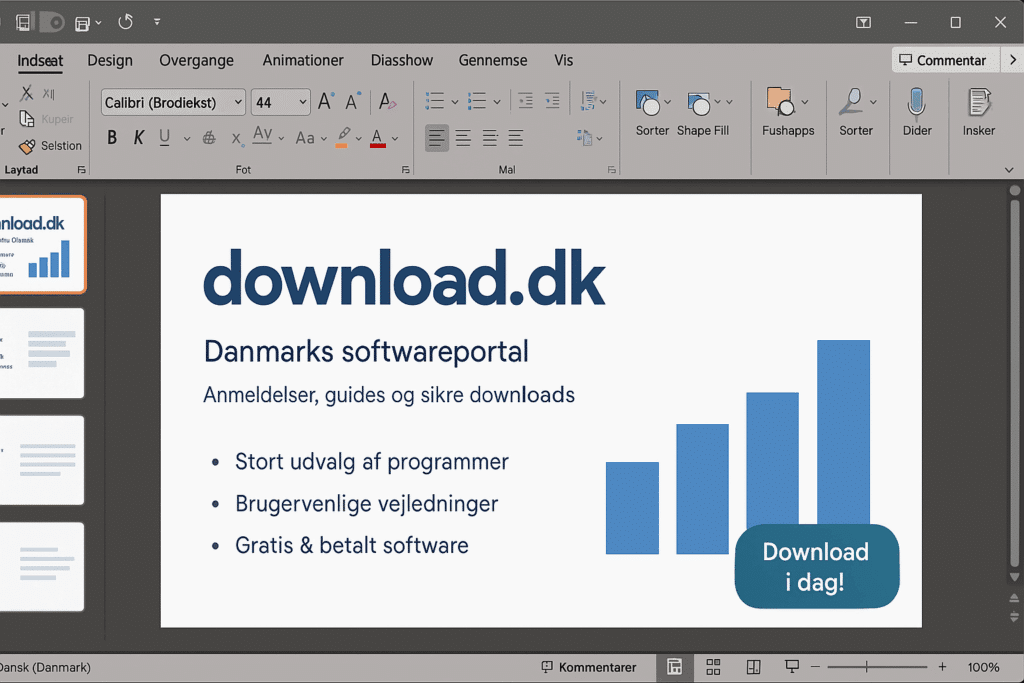 Skærmbillede fra PowerPoint med download.dk-slide: logo som titel, bulletliste om portalen, blå søjlediagram og knap “Download i dag!”. Venstre side ses slidestrimmel, og øverst båndmenuen.