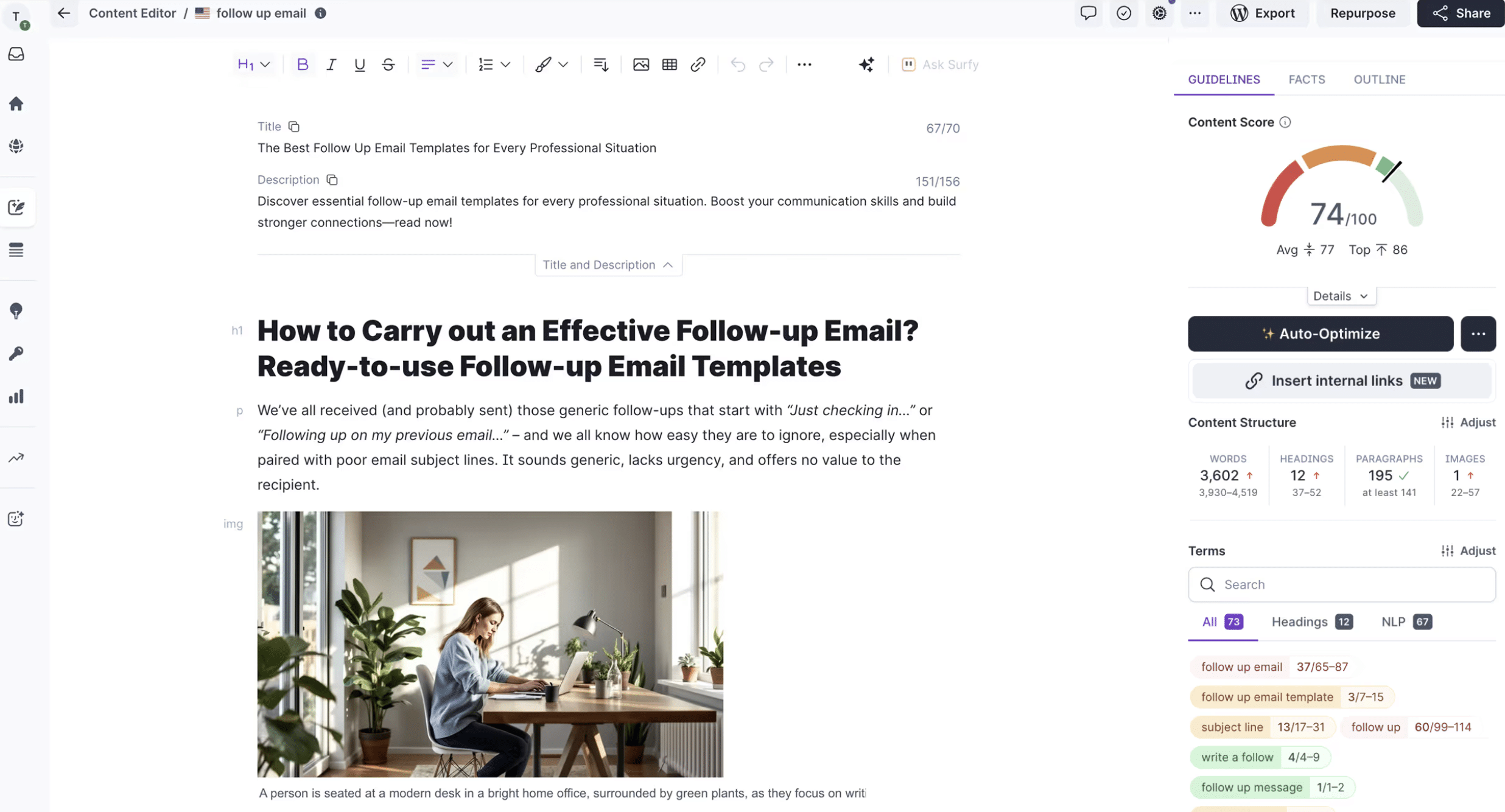 SurferSEO i full gång med att förbättra innehåll.