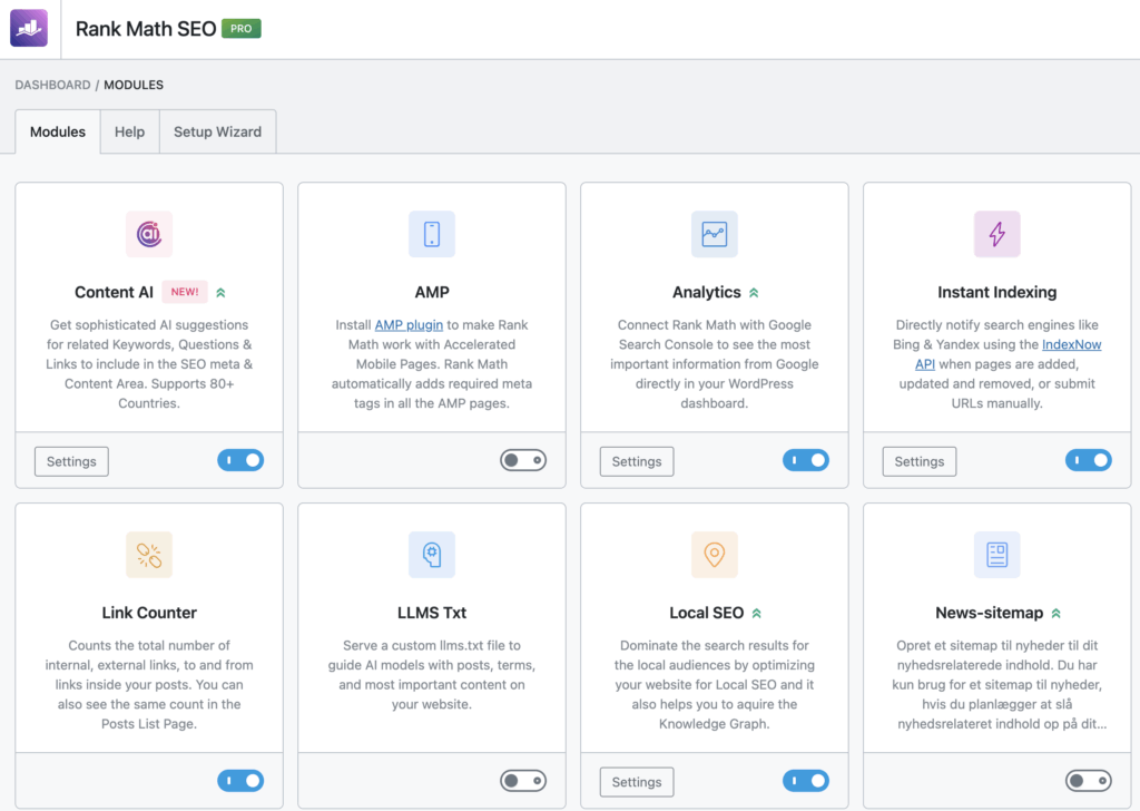 Oversigt over nogle af værktøjerne og valgmulighederne i Rank Math.