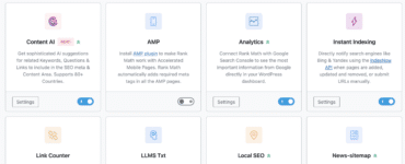 Oversigt over nogle af værktøjerne og valgmulighederne i Rank Math.