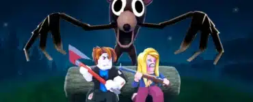 Roblox-spillet 99 Nights in the Forest med to spillere, der kæmper mod et stort monster i en mørk skov