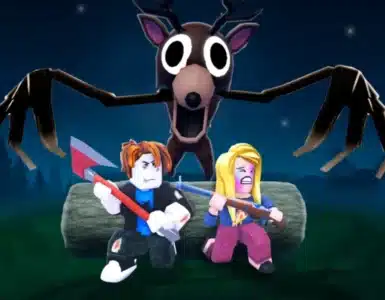 Roblox-spillet 99 Nights in the Forest med to spillere, der kæmper mod et stort monster i en mørk skov