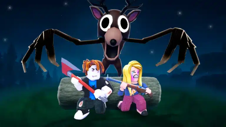 Roblox-spelet 99 Nights in the Forest med två spelare som slåss mot ett stort monster i en mörk skog