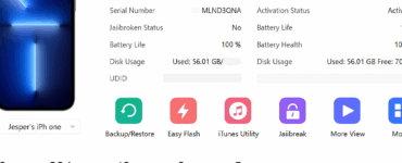 Screenshot af 3uTools interface på Windows, hvor en iPhone er forbundet. Skærmen viser enhedens information, lagerplads og menupunkter til backup, apps, fotos, ringetoner og firmware flashing.
