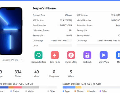 Screenshot af 3uTools interface på Windows, hvor en iPhone er forbundet. Skærmen viser enhedens information, lagerplads og menupunkter til backup, apps, fotos, ringetoner og firmware flashing.