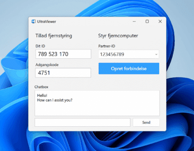 Screenshot af UltraViewer på Windows 11, der viser hovedvinduet med ID, adgangskode, partner-ID felt, chatboks og knappen 'Opret forbindelse' til fjernsupport.