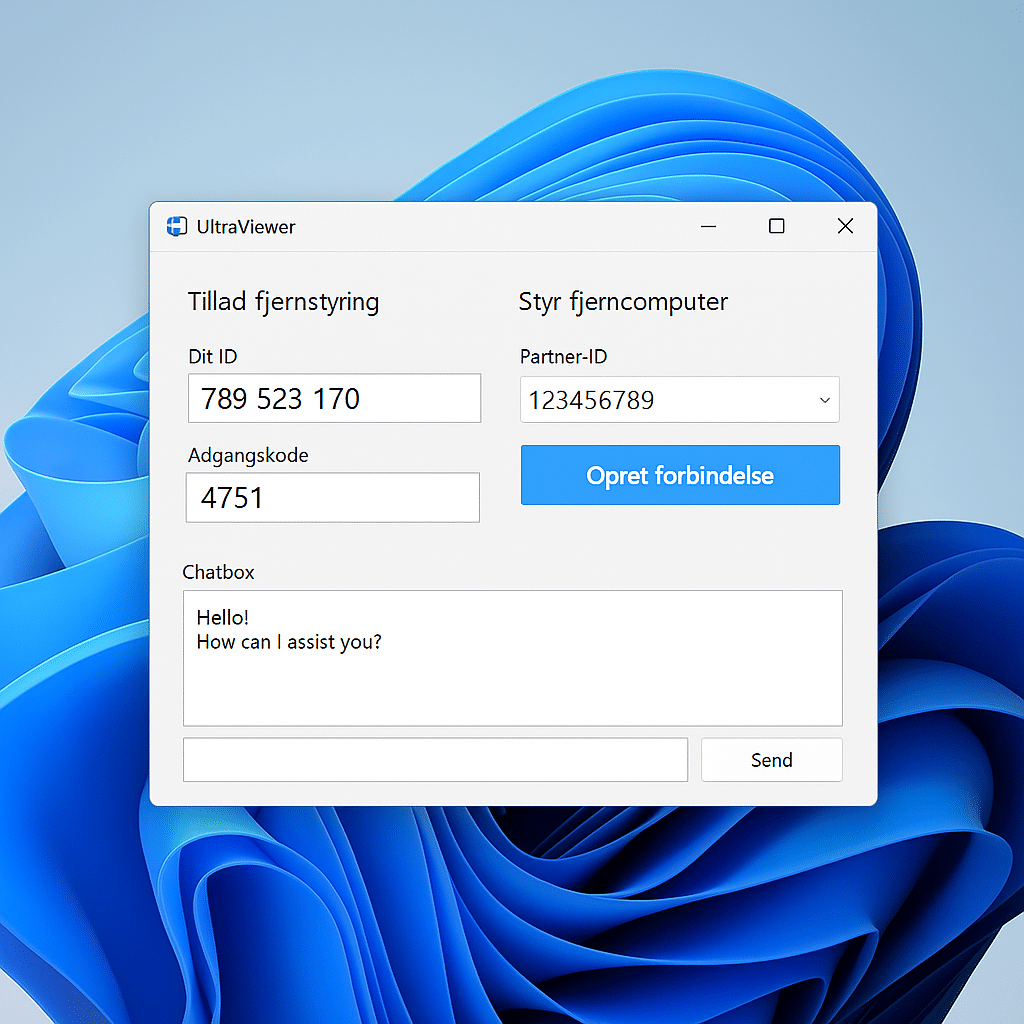 Skjermbilde av UltraViewer pĂĄ Windows 11 som viser hovedvinduet med ID, passord, partner-ID-felt, chatboks og knappen "Koble til" for fjernsupport.