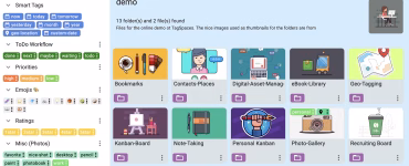 Til venstre i screenshotet ses nogle af de smarte tags man kan påføre sine filer i TagSpaces.